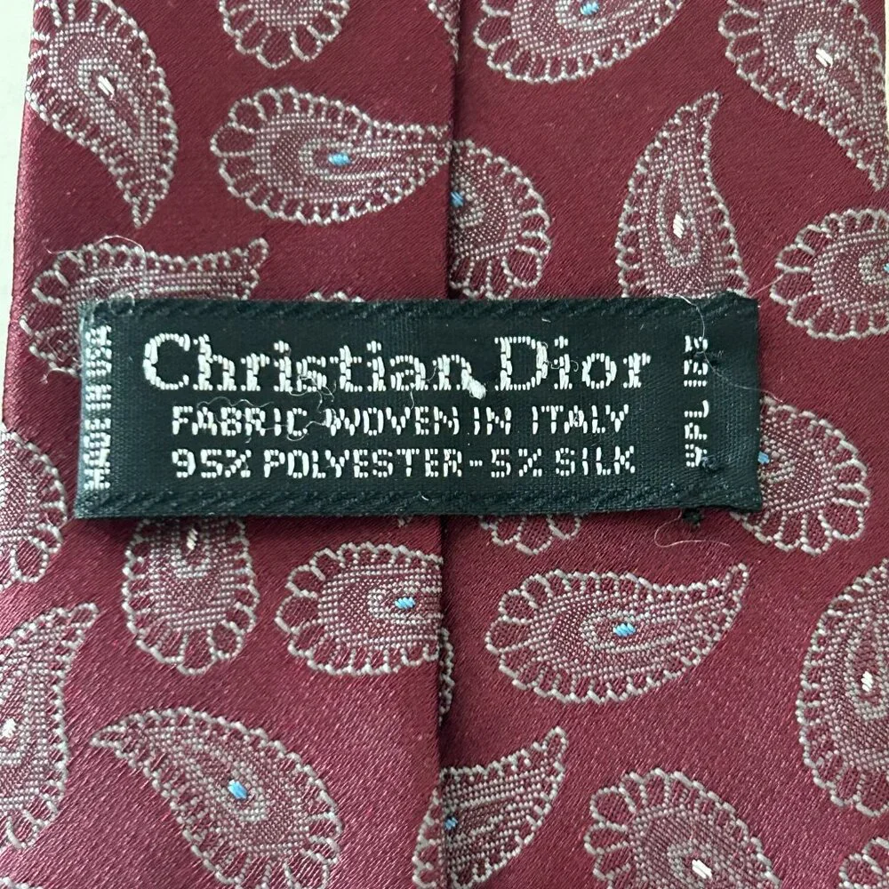 Vintage Christian Dior Mens Burgundy Red Neck Tie Paisley Polyester Woven Italy